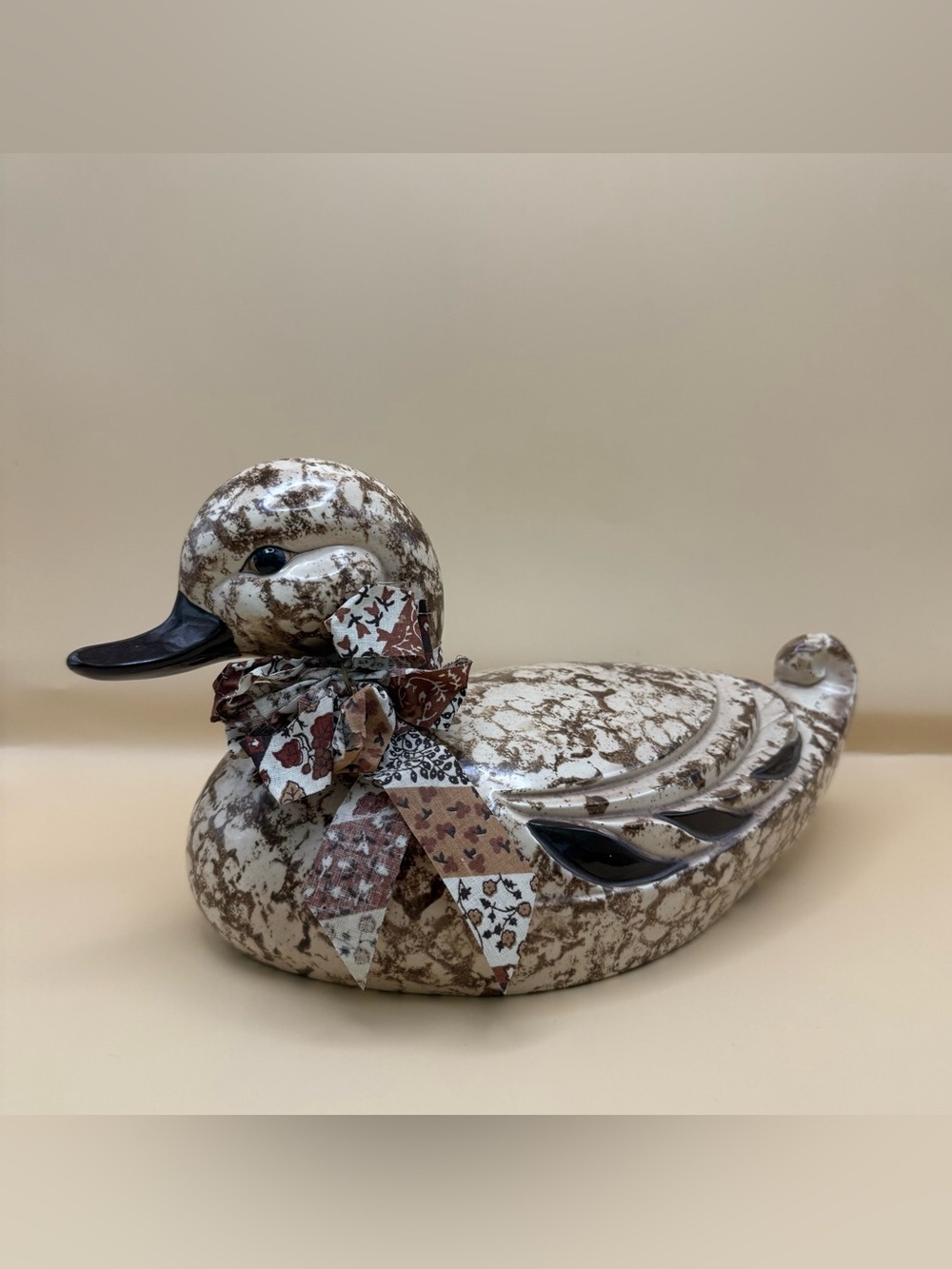 Ceramic Spongeware Brown White Duck Sculpture Bow Hollow Decor